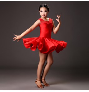 Green white black red sleeveless lace spandex patchwork performance competiiton professional leotard big skirted girls kids children baby gymnastics latin ballroom dance dresses